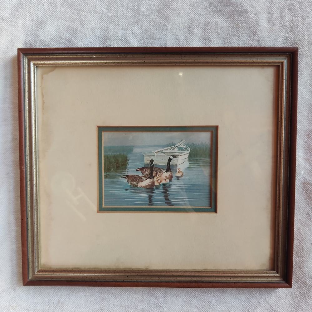 Vintage Canada Goose Family and Boat Lake Pond Print Matted Framed 13x11" 1970s